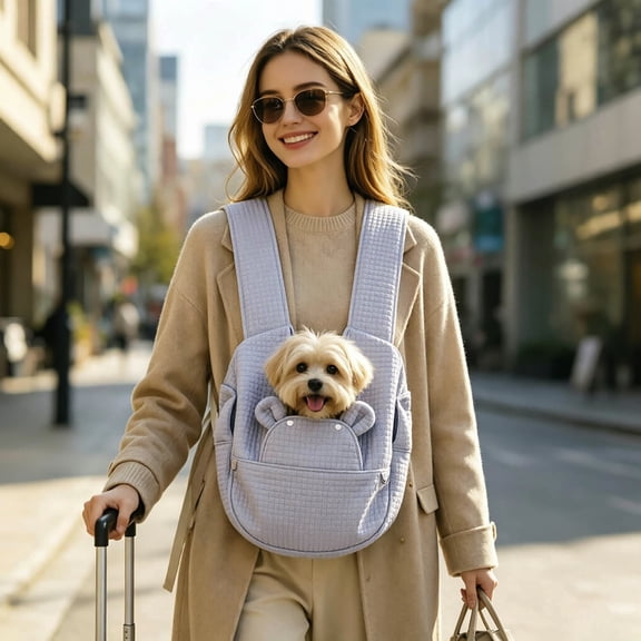 Pet Front Carrier Backpack Breathable Quilted Fabric Dog Cat Chest Carrier with Bear Ear Cross Adjustable Strap Travel Sling Bag For Small Puppy Kitten