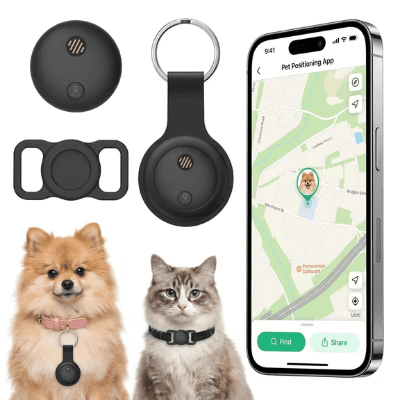 Pet GPS Tracker Compatible with iOS Find My, Real-Time Location Collar Tag No SIM No Monthly Fee, Silicone Holder & Protective Cover for Cats Dogs Anti-Loss