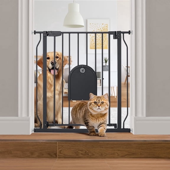 Pet Gate, 29.5''-34.25'' DOMIPET Pet Gate with Cat Door, Pressure Mount, Safety Gate Gift,Black