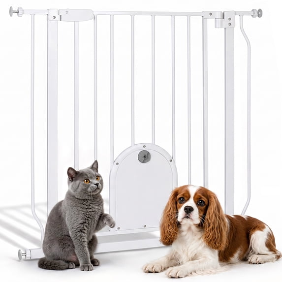 Pet Gate, 29.5''-34.25'' Domipet Pet Gate with Cat Door, Pressure Mount, Safety Gate Gift,White