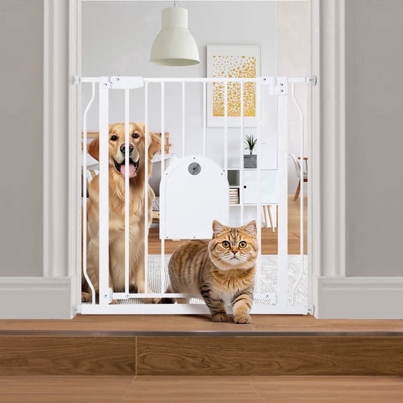 Pet Gate, 29.5''-34.25'' Domipet Pet Gate with Cat Door, Pressure Mount, Safety Gate Gift,White