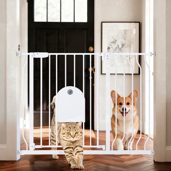 Pet Gate, 29.5''-43.7'' Dog Gates with Cat Door for Stairs & Doorways, Gate for Ages 6 to 36 Months, White