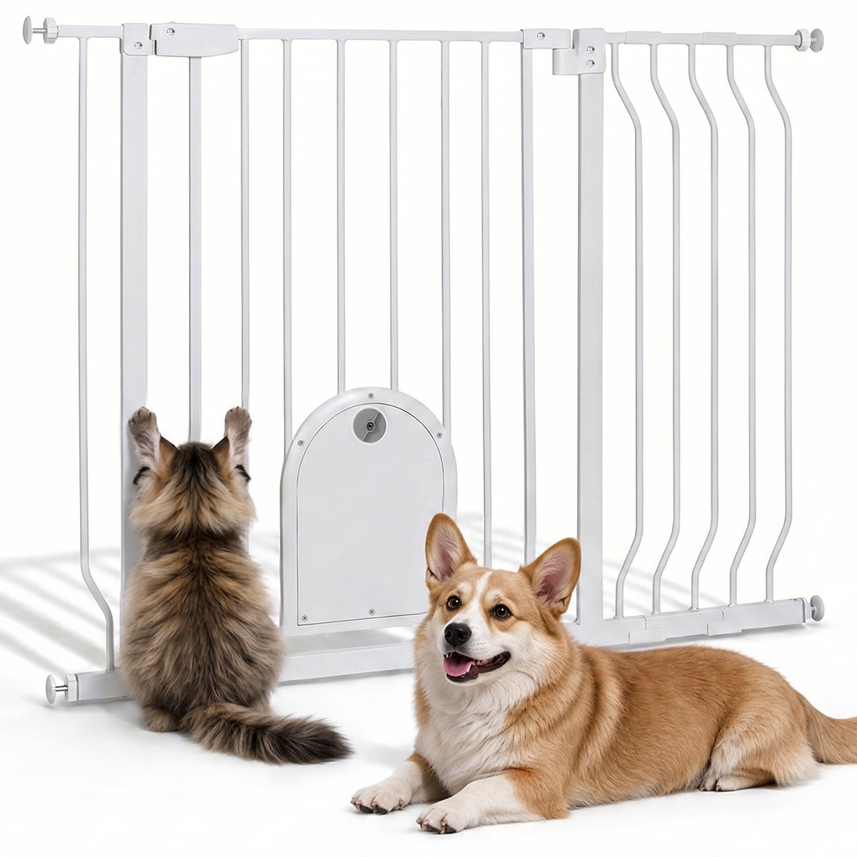 Pet Gate, 29.5''-43.7'' Dog Gates with Cat Door for Stairs & Doorways, Gate for Ages 6 to 36 Months, White