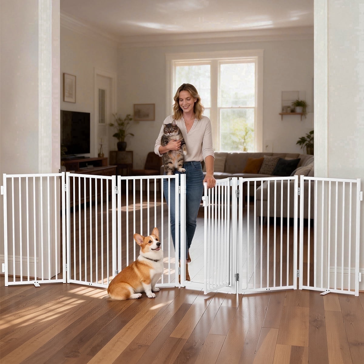 Pet Gate, Domipet 120''Extra Wide Foldable Dog Fence Indoor, 32''Height Dog Gate for Fireplace, Garden, White