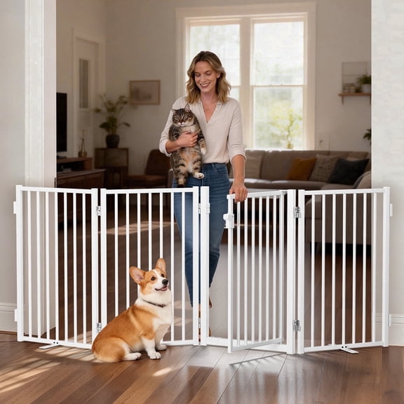 Pet Gate,Domipet Foldable Dog Fence Indoor, 32''Height Dog Gate for Fireplace,Kitchen,White