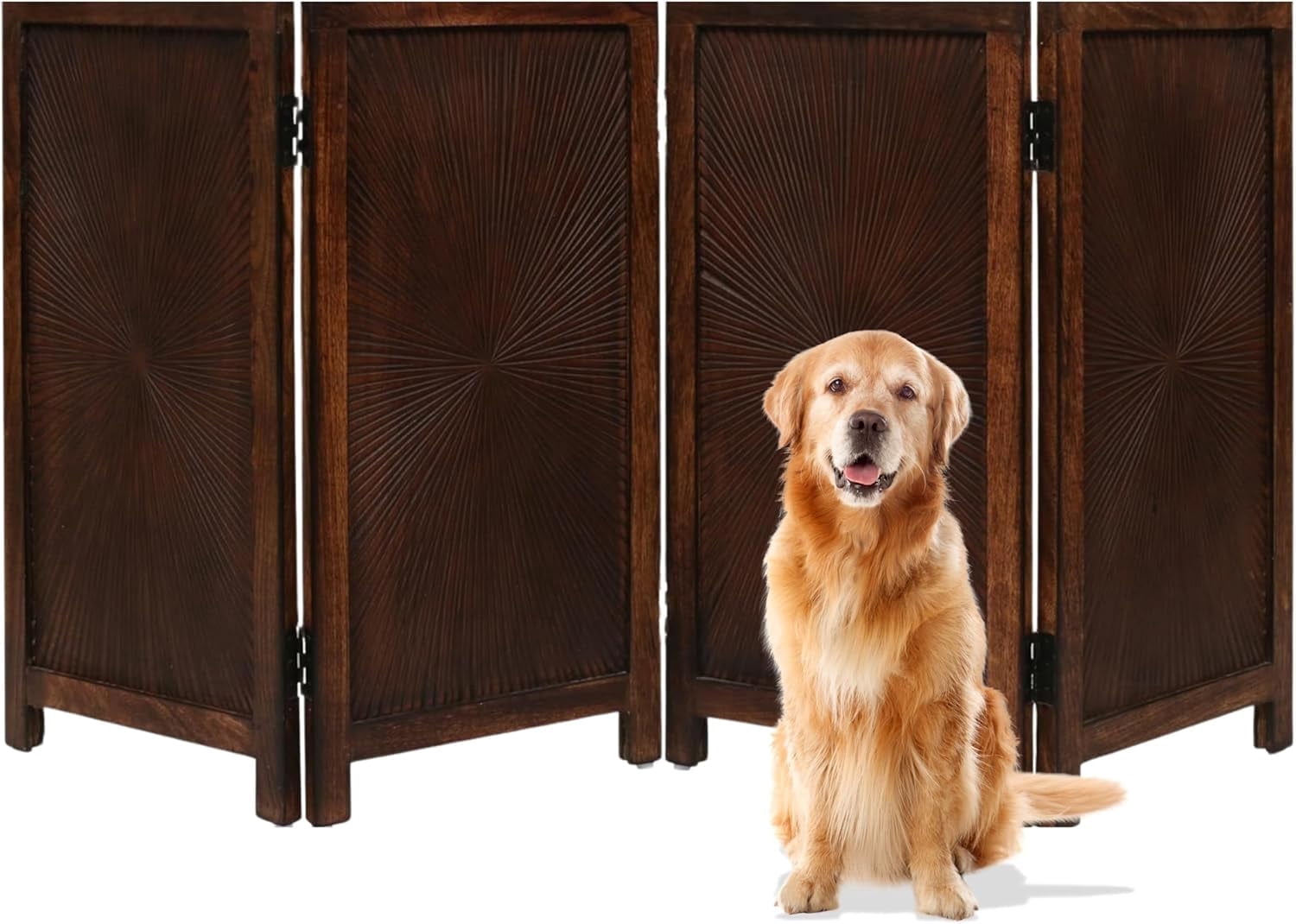 The Wooden Town Foldable Indoor Pet Gate , Free-Standing 4-Panel Dog Barrier, 56" W x 28" H, Burnt Finish, Hand-Carved Solid Wood & MDF