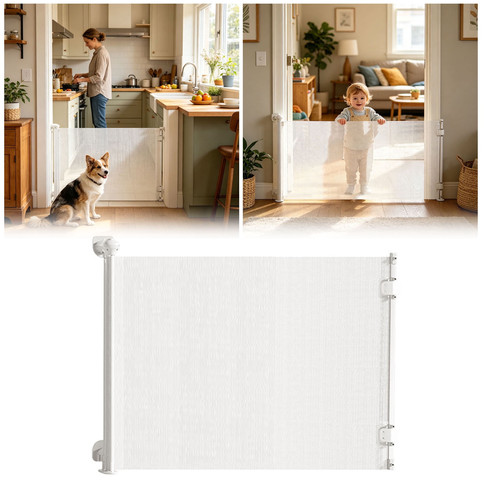 Pet Gate Retractable Mesh Dog Indoor Barrier No Drill Wall Mounted Dog Cat Safety Gate for Doorways Stairs and Off-Limit Areas Adjustable
