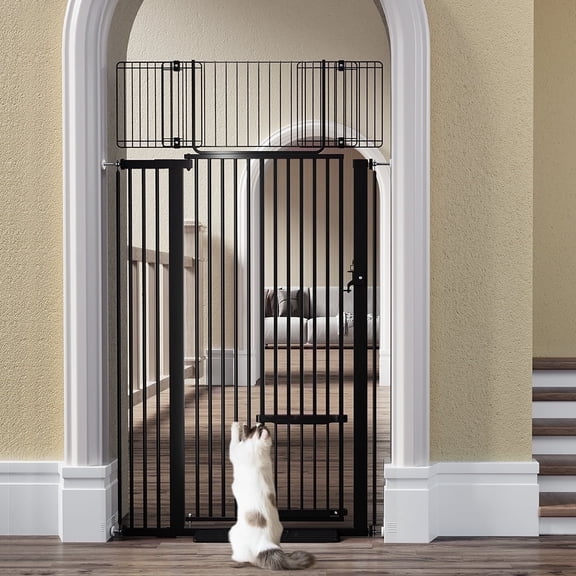 Pet Gate with Cat Door,Caveen 71 inch Extra Tall Dog Gate,29.5''-40.6''Wide Gate Pressure Mounted Full Door Pet Gate for Doorway Stairs,Black