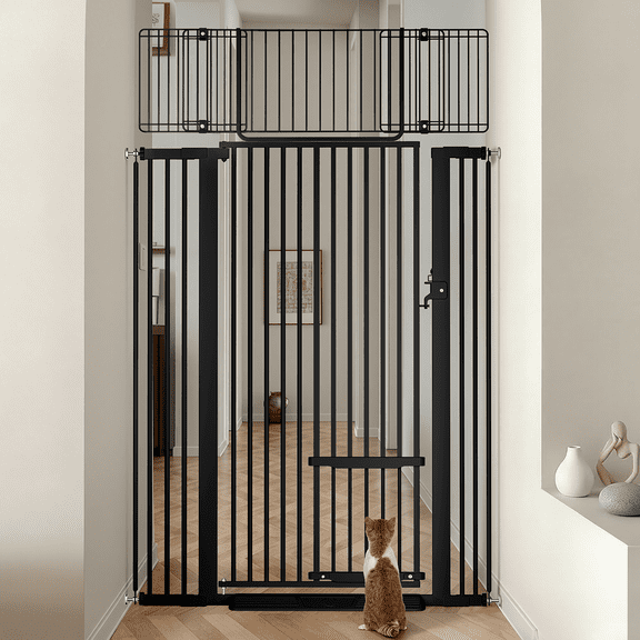 Pet Gate with Cat Door,Caveen 71 inch Extra Tall Dog Gate,29.5''-40.6''Wide Gate Pressure Mounted Full Door Pet Gate for Doorway Stairs,Black