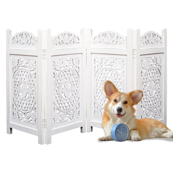 Pet Gate indoor Foldable in Raise Wood-4 Panel Dog Safety Gate, 56"W x 28"H, Hand-Carved Solid Wood & MDF, Free Standing Portable Indoor Gate for Doorways,Halls,Stairs-Fully Assembled, Antique White