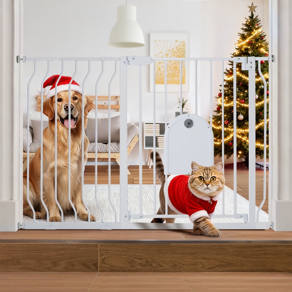 29.5-48.4" Wide Pet Gate with Cat Door, Pressure Mount, Safety Gate Gift,White