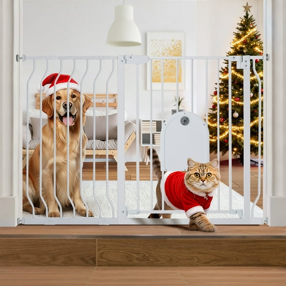 29.5-48.4" Wide Pet Gate with Cat Door, Pressure Mount, Safety Gate Gift,White