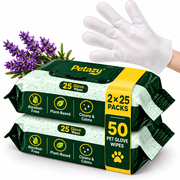 Petazy Extra Thick Pet Glove Wipes for Dogs & Cats   50 Pack | Hypoallergenic No Rinse Grooming Gloves for Paws, Face, Ears & Butt with Aloe & Coconut Oil