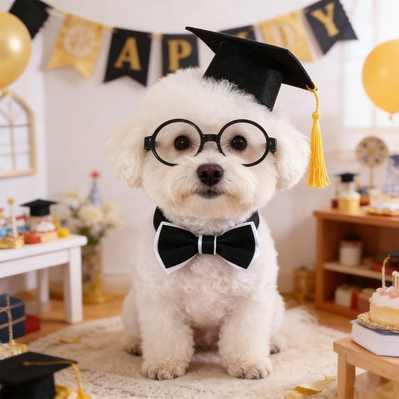 Pet Graduation Cap and Bow Tie Set for Dogs and Cats with Adjustable Glasses Academic Costume for Ceremony and Photo Props, Lightweight Polyester Apparel for Memorable Graduation or Back to School