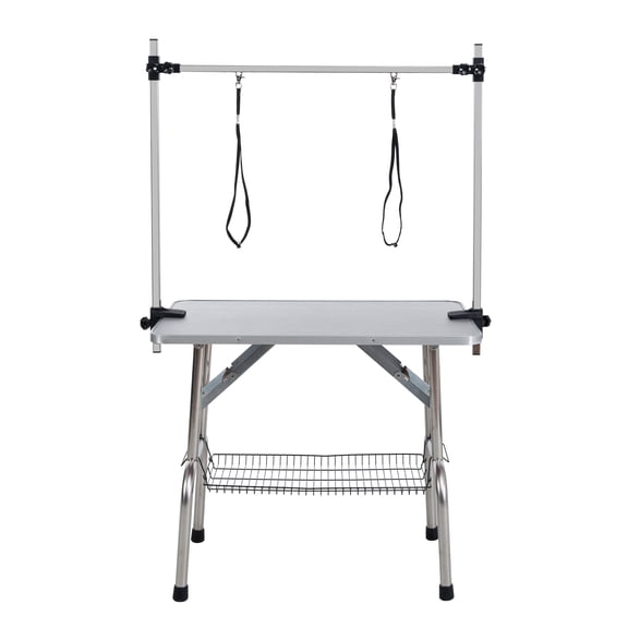 Pet Grooming 46" Folding Dog Pet Grooming Table Stainless Steel Frame Rubber Mat on Board with Adjustable Arm and Clamps pet dog Cat Grooming Table (SILVER-GRAY COLOR),Dog Grooming