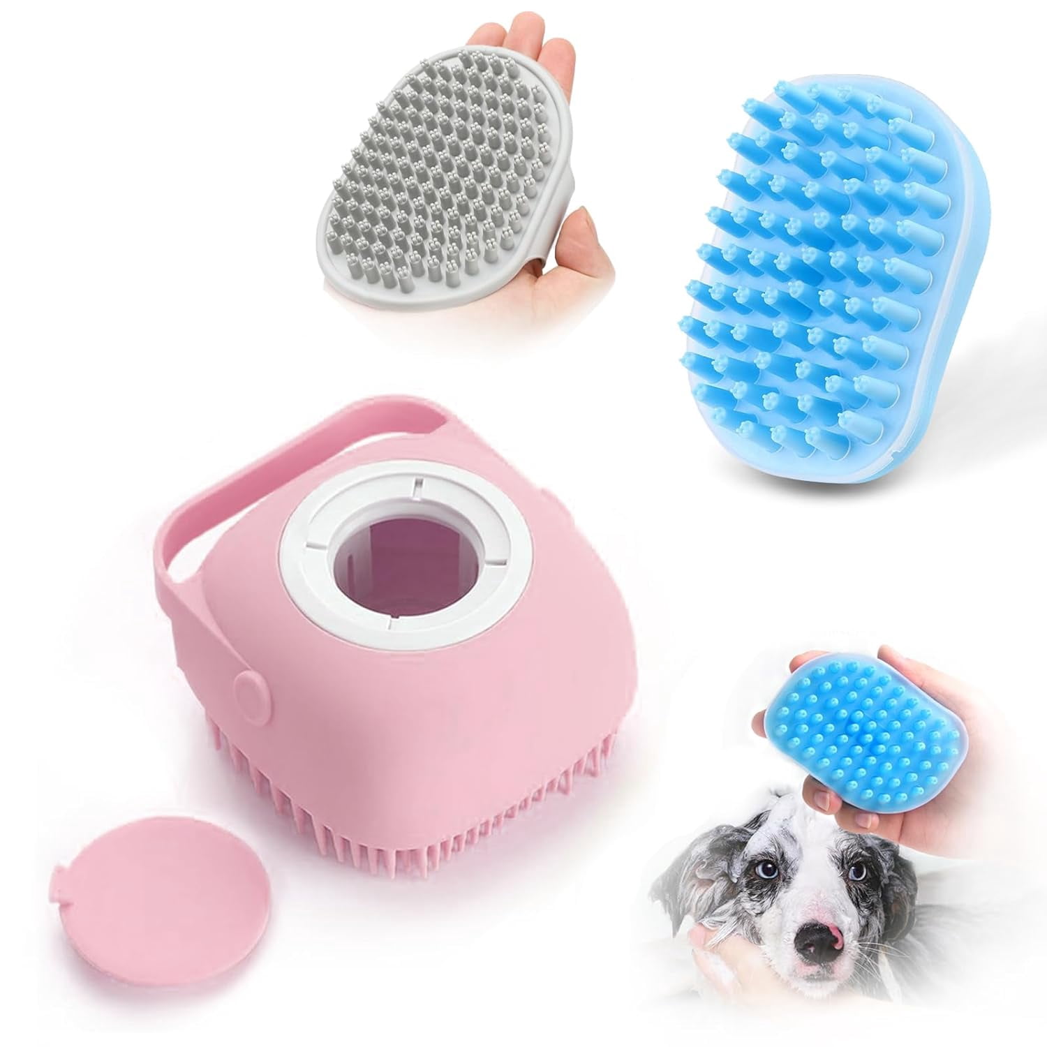 Ozzyes Pet Shampoo Brush - Silicone Massage Cat Dog Wash Tool With Soap Dispenser (Pink)