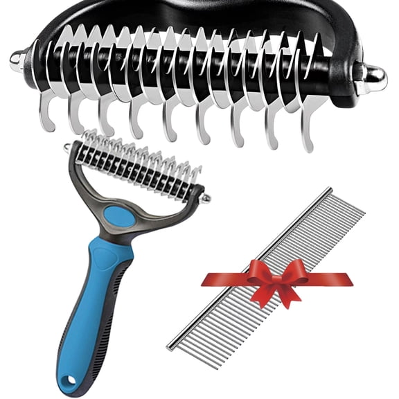 Pet Grooming Brush, Deshedding Tool for Dogs, Double-Sided Undercoat Rake for Dogs & Cats, Removes Knots, Tangles & Loose Hair