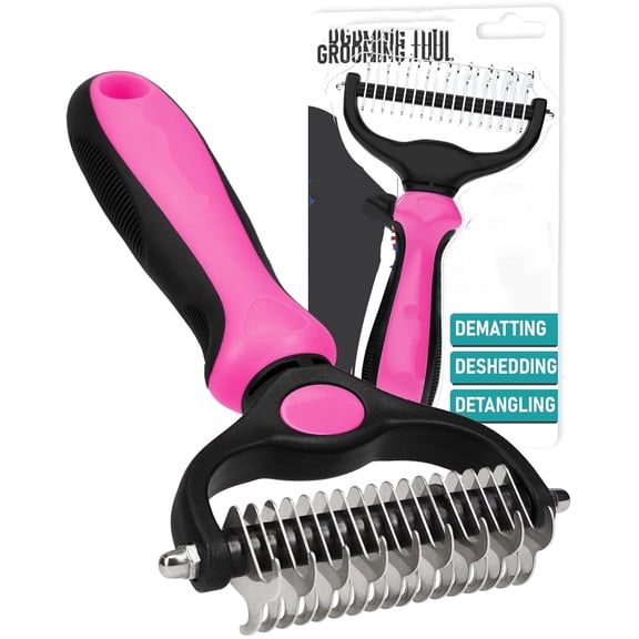 Pet Grooming Brush - Double Sided Shedding, Dematting Undercoat Rake for Dogs and Cats - Extra Wide Dog Grooming Brush - Pink