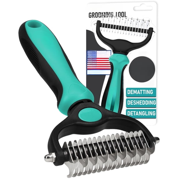 Pet Grooming Brush - Double Sided Shedding, Dematting Undercoat Rake for Dogs and Cats - Extra Wide Dog Grooming Brush - Turquoise