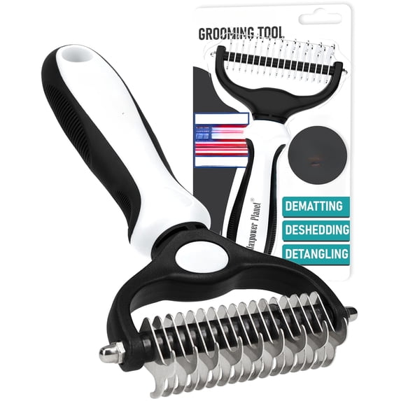 Pet Grooming Brush - Double Sided Shedding, Dematting Undercoat Rake for Dogs and Cats - Extra Wide Dog Grooming Brush - White