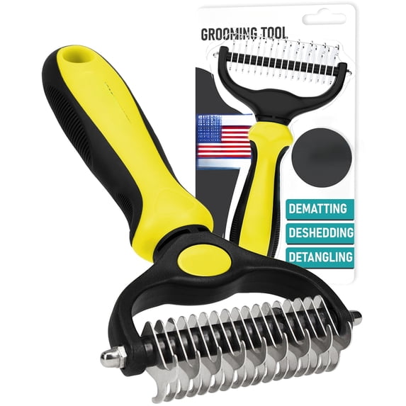 Pet Grooming Brush - Double Sided Shedding, Dematting Undercoat Rake for Dogs and Cats - Extra Wide Dog Grooming Brush - Yellow