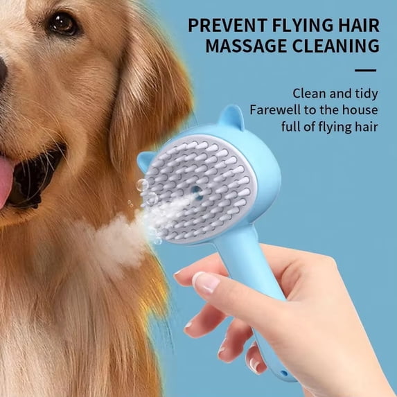 Pet Grooming Brush Electric Spray Massage Comb for Cats and Dogs, 2-in-1 Hair Removal Cleaning Brush with Fine Teeth, One-Touch Mist Groomer for Shedding Fur Blue