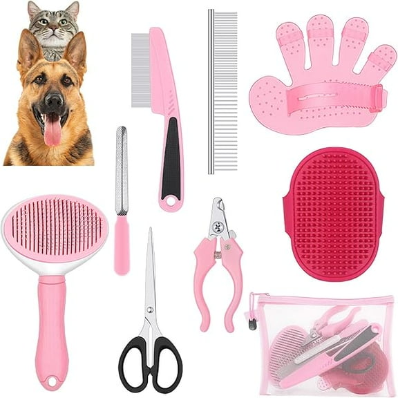 Pet Grooming Brush Kit, Includes 9 Pcs Self Cleaning Slicker, Dog Brush Shedding and Flea Comb, Nail Clippers and File, for Dogs, Cats, All Ages/Unisex, Fresh Color