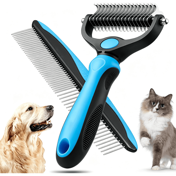 FAISID Pet Grooming Combo - Blue Deshedding Brush Undercoat Rake with Metal Comb for Detangling and Dematting Long, Matted Fur on Cats and Dogs