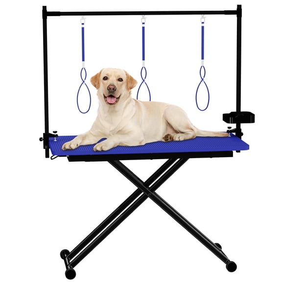 Pet Grooming Furniture 47'' Blue Large Dog Grooming Table X-Lift Foldable Grooming Table for Dogs at Home Adjustable Height Arms Pet Station with Nooses, Mesh Tray, Tool Organizer,Dog Grooming Table