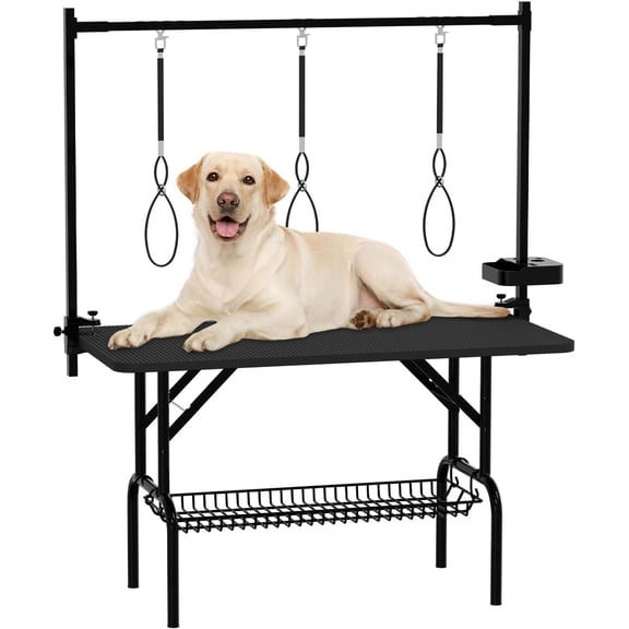 Pet Grooming Furniture 47''Large Dog Grooming Table, Foldable Pet Station at Home, Dog Grooming Table,Adjustable Cat Drying Desktop with Arms, Nooses, Mesh Tray (47Inch Pet Grooming Table Black),Dog