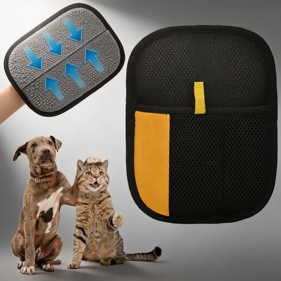 Pet Grooming Glove, 2-Sided Deshedding Mitt with Storage Bag, Static Magic Hair Remover, Wide Coverage Quick Results for All Hairy Cats & Dogs, Suitable for Furniture Clothes Carpet - Black & Yellow