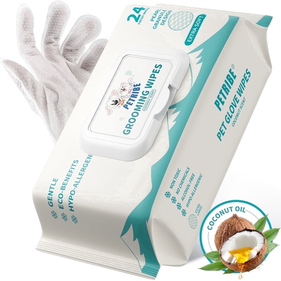 PETRIBE Dog Wipes Cleaning Deodorizing Glove Wipes for Dogs & Cats, 24 pcs, Coconut Scent, Hypoallergenic & Nourish Fur Pet Grooming Glove Wipes