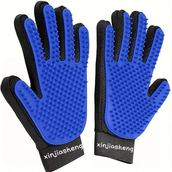 Pet Grooming Gloves, 2-Pack Bathing and Hair Removal Glove Set for Dogs, Cats, Horses, and Rabbits - Blue, Adjustable, Silicone Bristles