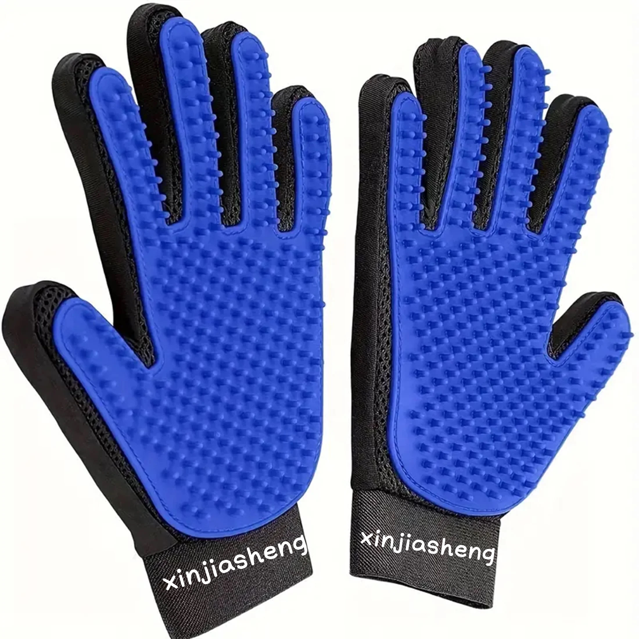 Pet Grooming Gloves, 2-Pack Bathing and Hair Removal Glove Set for Dogs, Cats, Horses, and Rabbits - Blue, Adjustable, Silicone Bristles