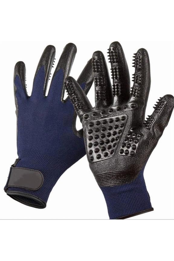 Pet Grooming Gloves - Improved Five Finger Design Rubber Glove Gentle De-Shedding Brushes for Cats, Dogs & Horses (Blue)
