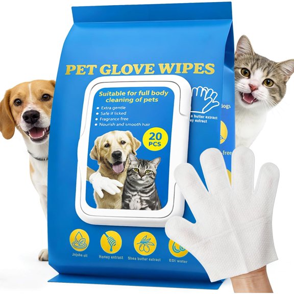 Pet Grooming Gloves Wipes - 20 Disposable Gloves for Bathing, Deshedding & Cleaning Cats & Dogs - Reusable Mitt for Removing Loose Fur, Dander & Dirt During Pet Massage