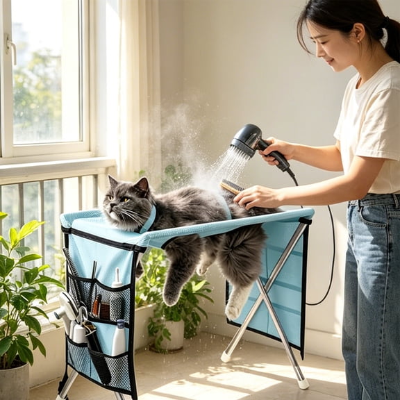 Pet Grooming Hammock for Small Dogs & Cats, Stainless Steel Bracket, 30-Pound Weight Capacity, Foldable Dog & Cat Grooming Table for Nail Trimming, Bathing & Care