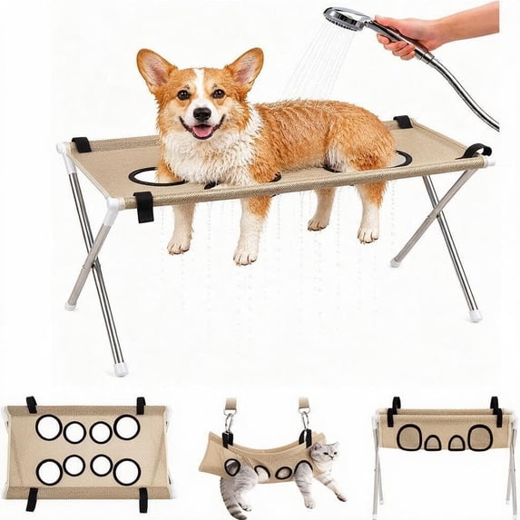 Pet Grooming Hammock Stand, Foldable Pet Bath Holder Sling Shower Chair,Hammock Stand with Stable Stainless Steel Frame