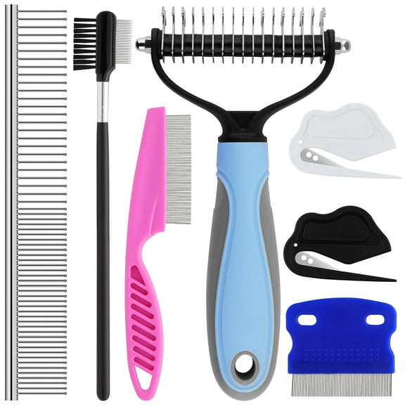 Pet Grooming Kit 7-Piece, Double-Sided Deshedding Brush & Dematting Rake for Dogs Cats with 5 Combs - All-in-One Set