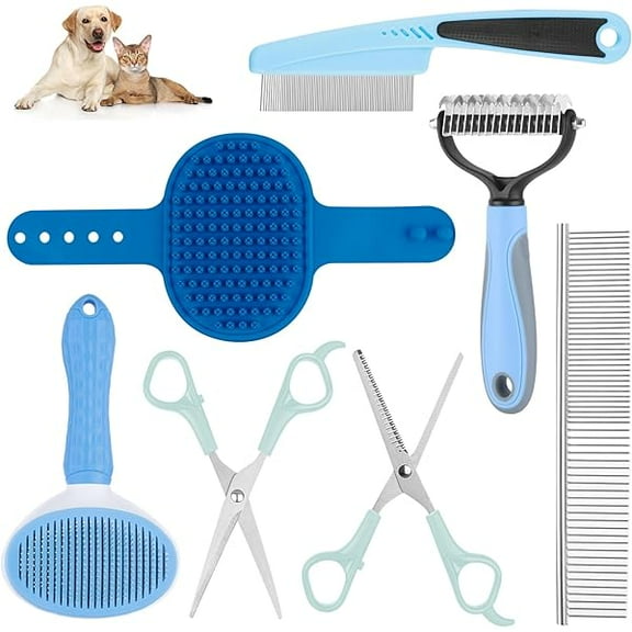 Pet Grooming Kit with Pet Shedding Slicker Brush, Bath Massage for Rabbit, Puppy, Kitten, All Hair Types, Includes Multiple Combinations of Combs and Brushes