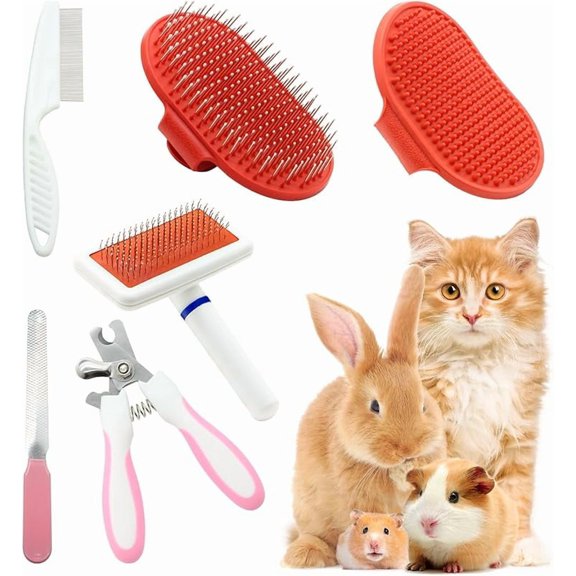 Pet Grooming Kit with Slicker Brush Bath Massage Glove Brush Pet Shedding Comb Nail Clipper Trimmer 6 Piece Set for Rabbit Kitten Guinea Pig Cat Chinchilla Ferret Small Animals