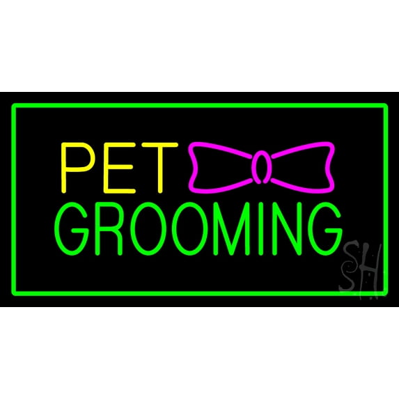 Pet Grooming Logo Rectangle Green LED Neon Sign 13" Tall x 24" Wide - inches Black Square Cut Acrylic Backing, with Dimmer - Premium built indoor Sign for Décor, Event, Workshop, Storefront.