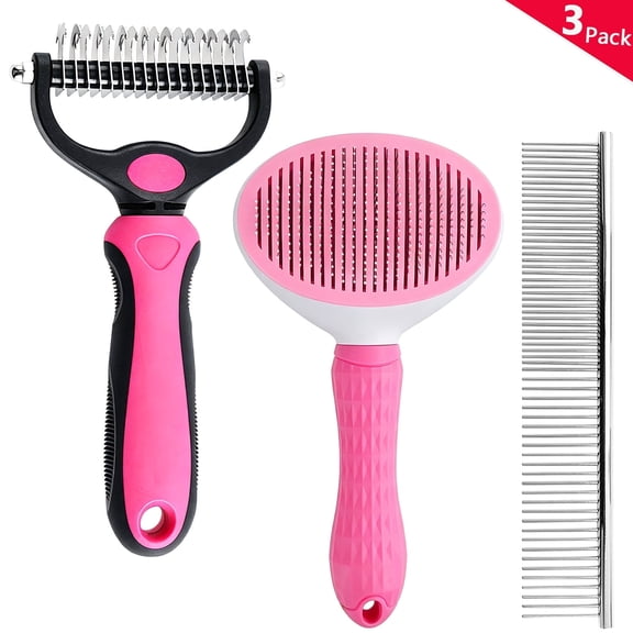 Pet Grooming Rake, Deshedding Tool for Dogs and Cats, Self-Cleaning Dematting Pin Slicker Brush Comb, 3 Pack, Pink