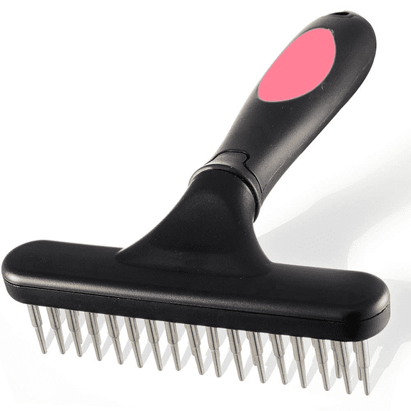 Pet Grooming Rake - Double Row Pins Shedding and Dematting Undercoat Rake Comb for Dogs and Cats - Safe Grooming & Deshedding Brush - Comb Pink