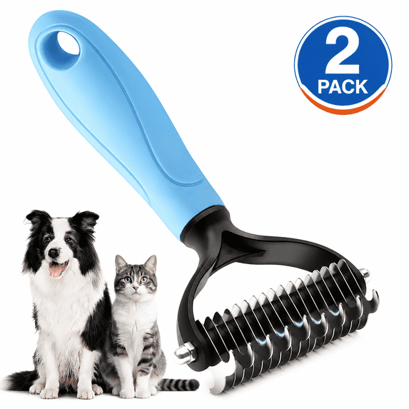 2 Pack Dog Grooming Rake, Double Sided Dematting Comb for Cats & Dogs, Deshedding Undercoat Brush for Long-Haired Pets, Reduces Shedding
