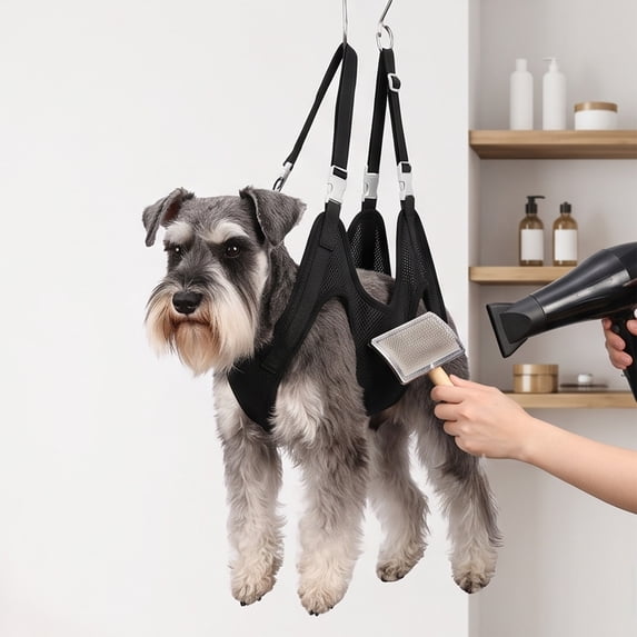 Pet Grooming Sling with a breathable mesh restraint support with reinforced openings for secure suspended grooming, designed for bathing nail trimming grooming and routine care for dogs cats
