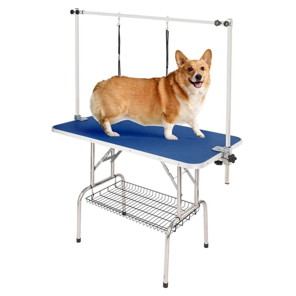 Pet Grooming Table, 32" foldable dog stand. Heavy duty, adjustable arm, noose, mesh tray, slip-free top, 330 lbs capacity. Portable, blue. For home/professional pet grooming