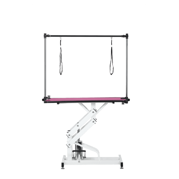 Pet Grooming Table 42.5 Inch Hydraulic Pink with H-Arm; Adjustable Height Grooming Station for Dogs Cats; Heavy Duty Steel Frame & Non-Slip PVC Surface