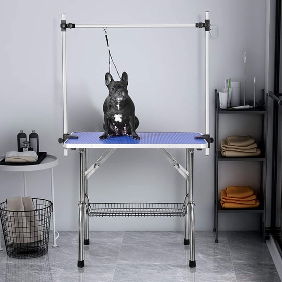 Pet Grooming Table, Adjustable Height Foldable Drying Table Portable Non-Slip Rubber Table with Mesh Tray, Arm and Clamp for Dogs Cats, Blue