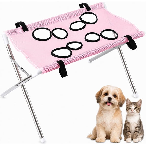 Pet Grooming Table with Hammock Sling for Small Dogs Cats, Foldable Metal Frame Dog Restraint Station for Home Nail Trimming, Bathing, Brushing, Ear Eye Care, Pink